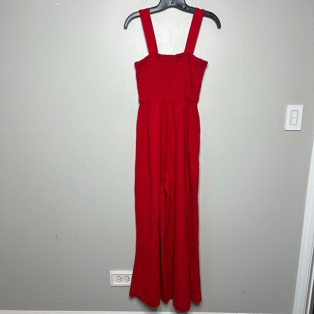 Quince Women's Organic Cotton Gauze Smocked Wide Leg Jumpsuit Cherry Red Sz S - Picture 6 of 11